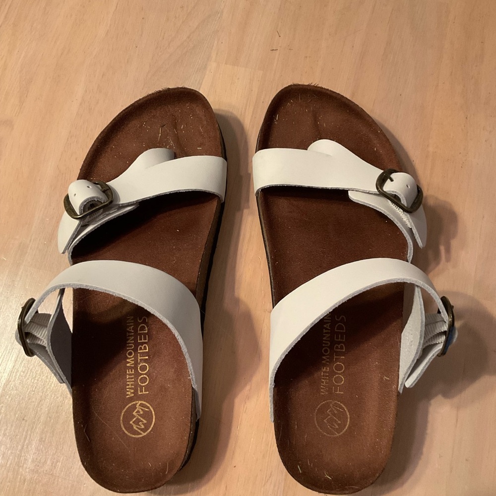 White Mountain Buckle Strap Sandals in Ivory with Brown Footbed